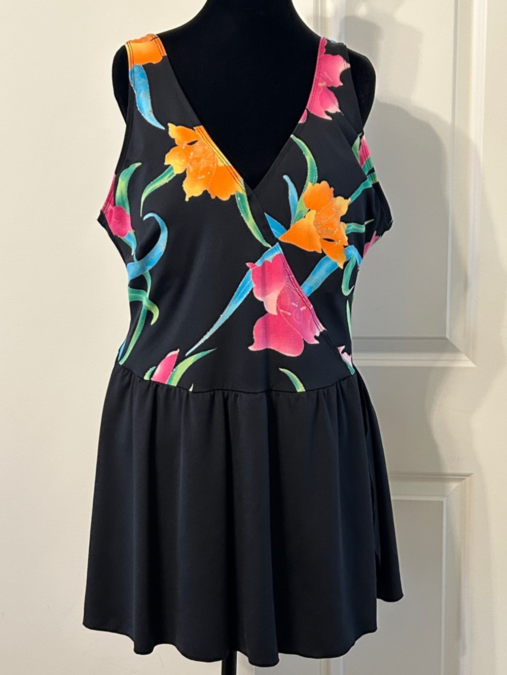 Plus Size Black Floral V-Neck Sleeveless Skirted One Piece Swimsuit by JLT Sport